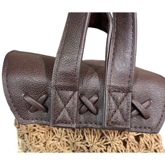 Cappelli Straw Crochet Back Pack Bag/Purse Straw w/Brown faux Leather 10"x9"x6" - Picture 7 of 10